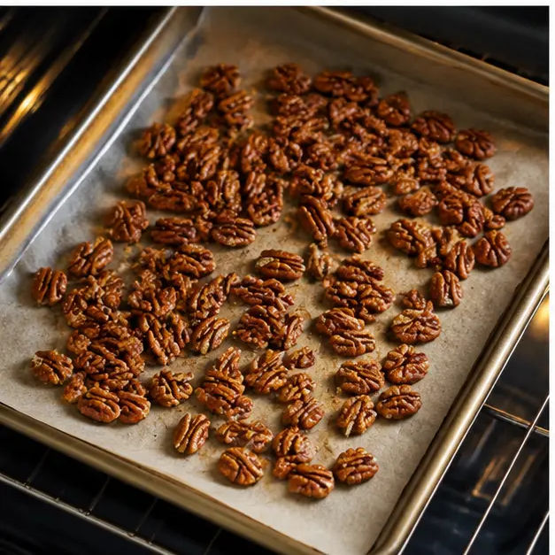 Toast pecans on a parchment-lined sheet in the oven until fragrant and golden