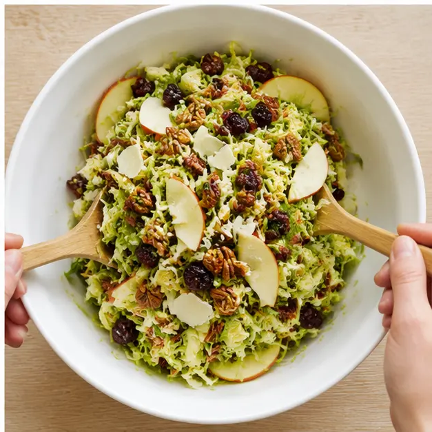 Toss shaved sprouts with apples, cranberries, pecans, and Parmesan with the dressing