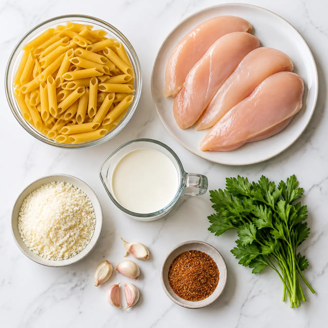 cajun garlic parmesan chicken penne - main ingredients