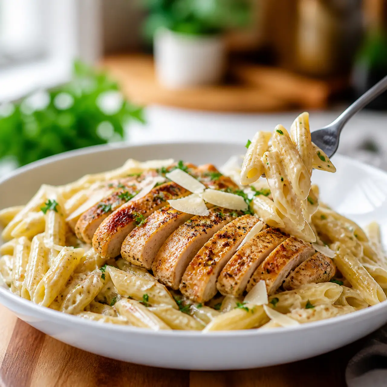 cajun garlic parmesan chicken penne - final presentation