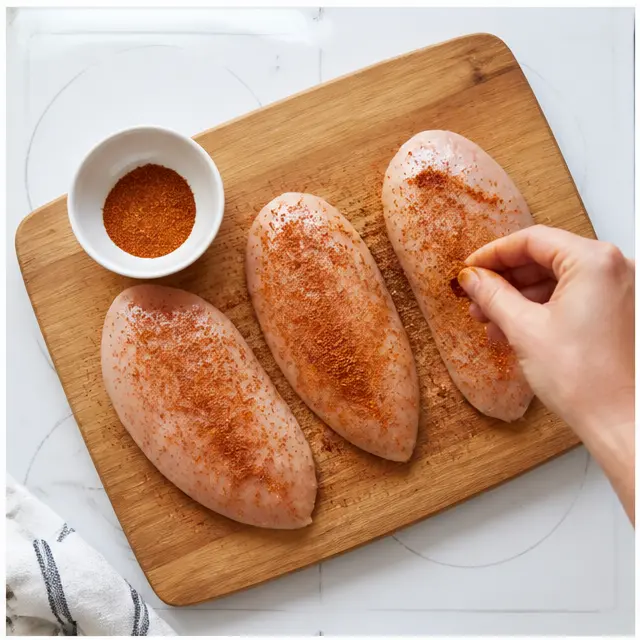 Step 1: Seasoning the chicken fillets with Cajun spice on a cutting board