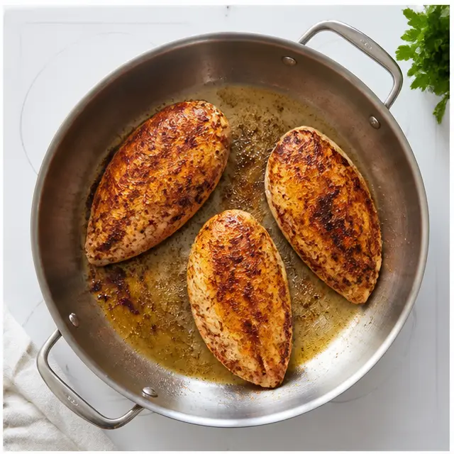 Step 2: Searing the golden-brown chicken fillets in a hot skillet