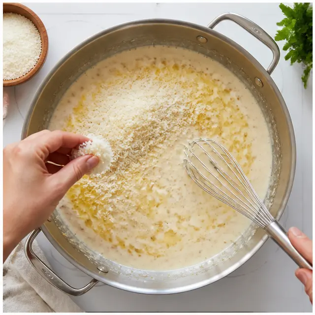 Step 3: Whisking butter, garlic, cream, and Parmesan into a smooth sauce
