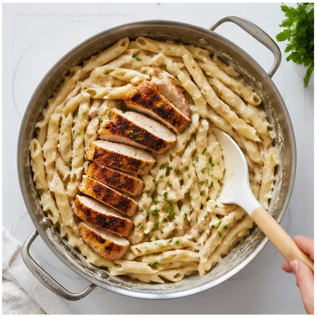 Step 4: Tossing cooked penne pasta in the creamy sauce until fully coated