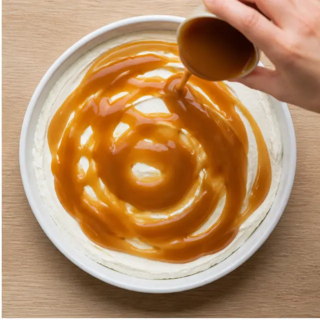Step 2: Drizzle the glossy caramel sauce over the cream cheese layer