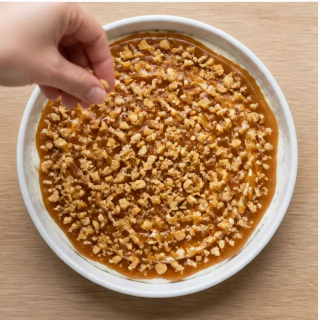 Step 3: Scatter crushed roasted peanuts over the caramel