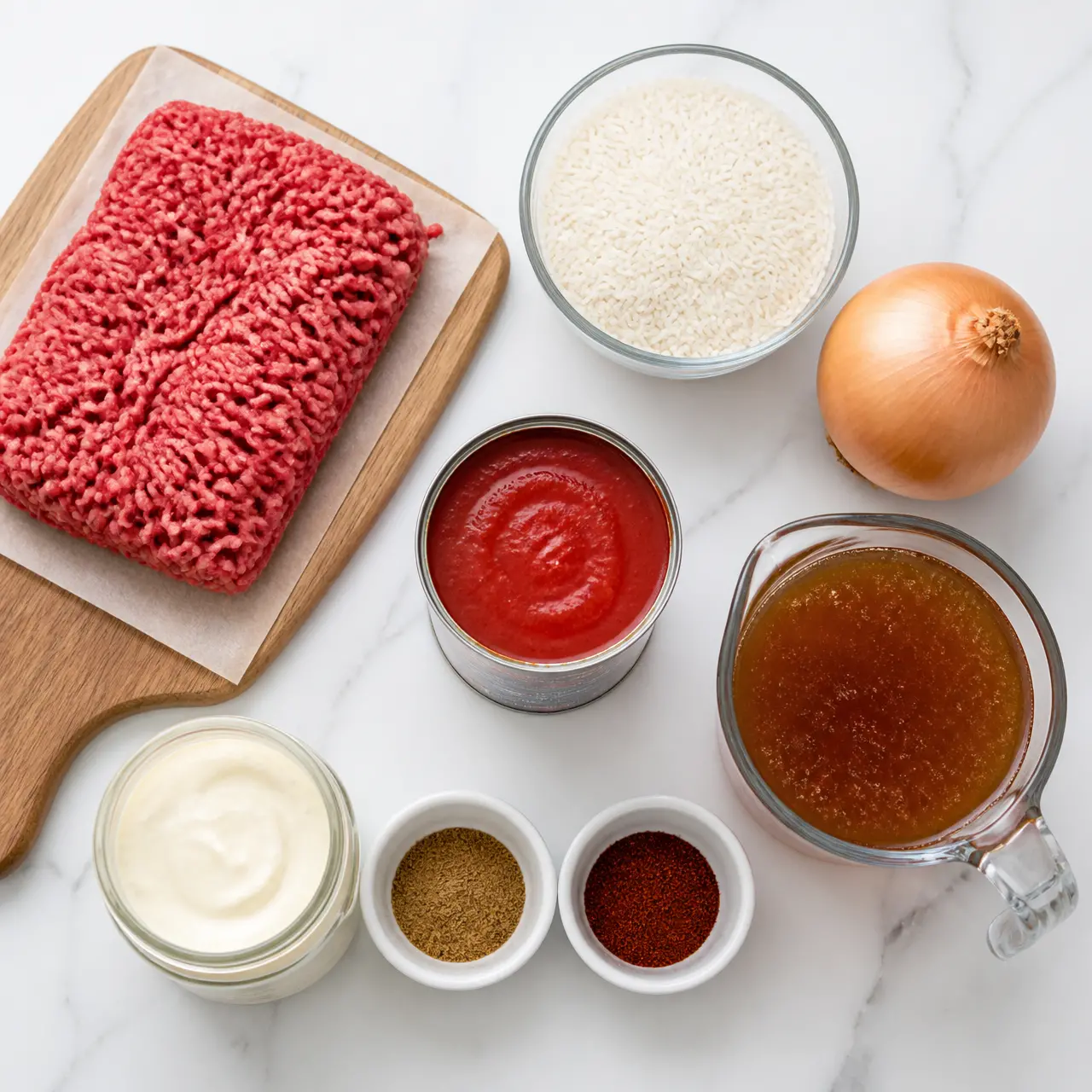 cheesy beef and rice skillet - main ingredients