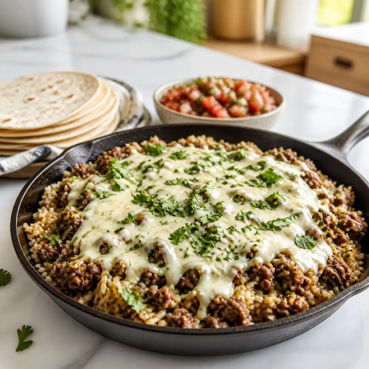 cheesy beef and rice skillet - final presentation