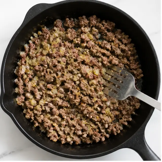 Step 1: Browning the ground beef and onion with spices