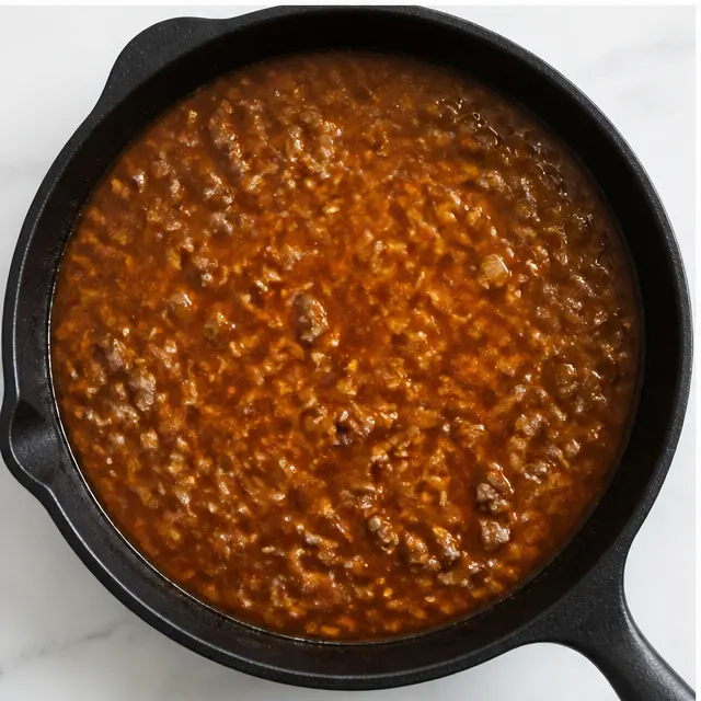 Step 3: Adding tomato sauce and beef broth to simmer