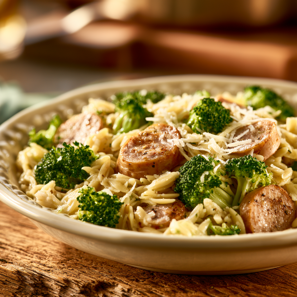 chicken sausage and broccoli orzo - final presentation