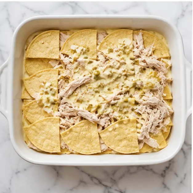 Step 3: Layering tortillas, chicken, and cheese