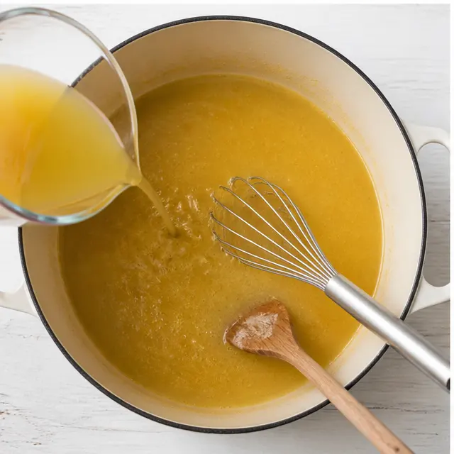 Whisk in flour, broth, and lemon, then simmer the chicken