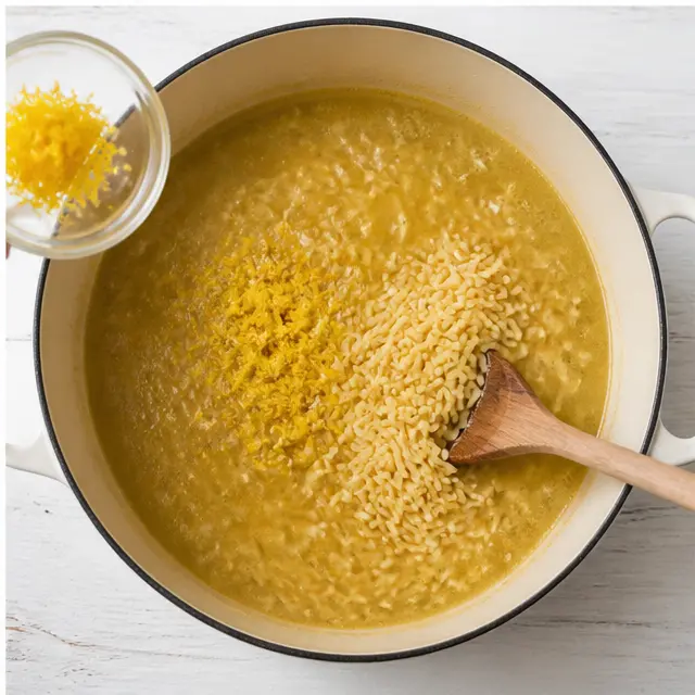 Stir in dry orzo and simmer until al dente