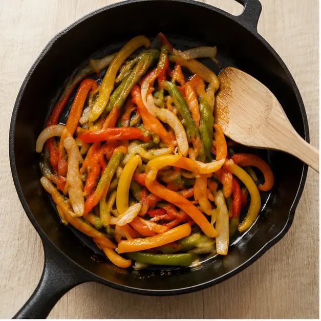 Slicing and sautéing bell peppers and onion until softened