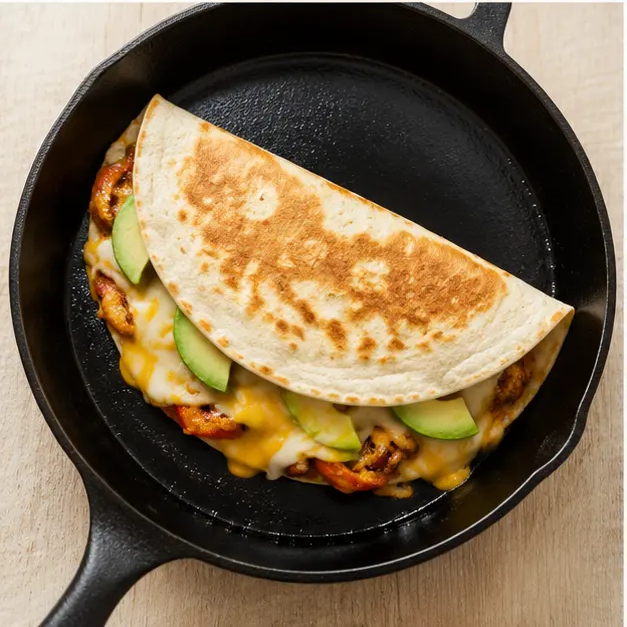 Folding tortillas over melted cheese, avocado, and seasoned chicken