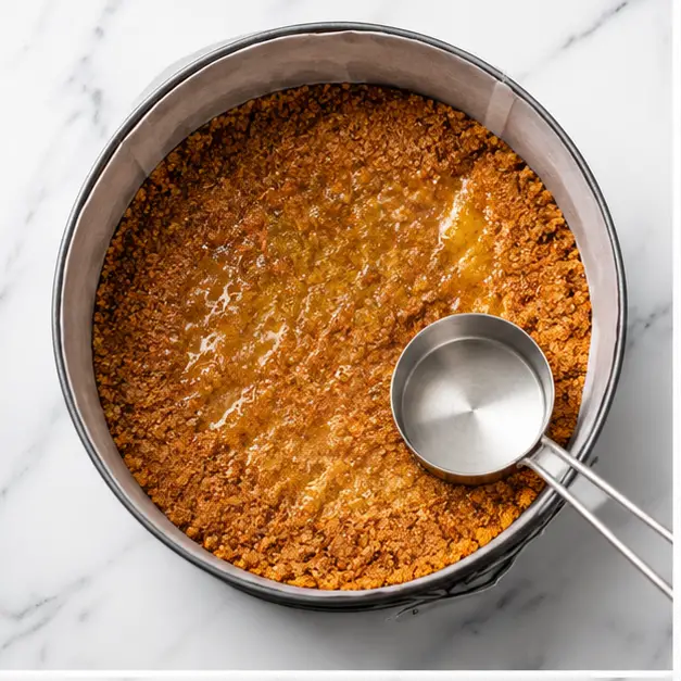 Step 1: Pressing golden Biscoff crumbs into a parchment-lined springform pan