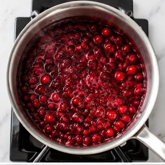 Step 2: Cooking cranberries in maple syrup and orange juice until they burst