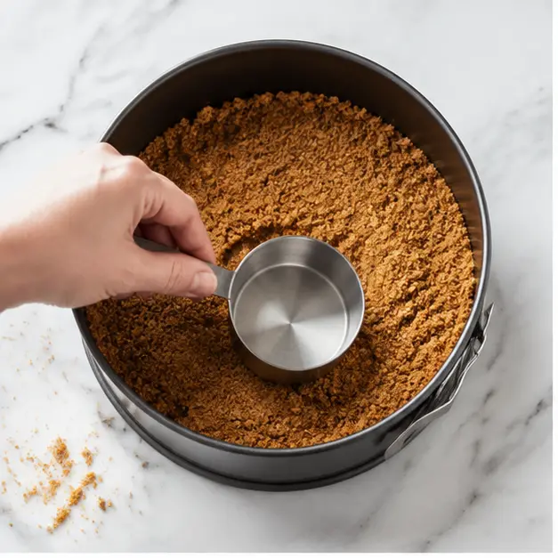Step 1: Press the gingersnap crumb mixture into the springform pan.