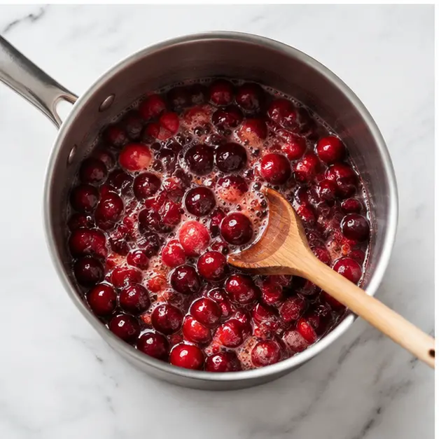 Step 3: Simmer whole cranberries in sugar water until they pop.
