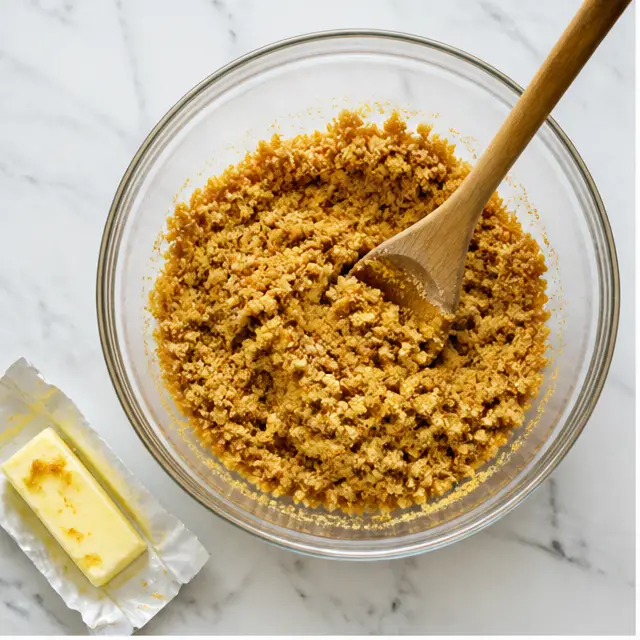 Step 1: Mixing melted butter into graham cracker crumbs for the crust