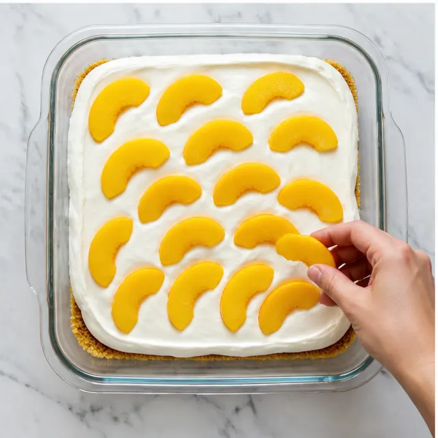 Step 3: Arranging fresh golden peach slices over the first cream layer
