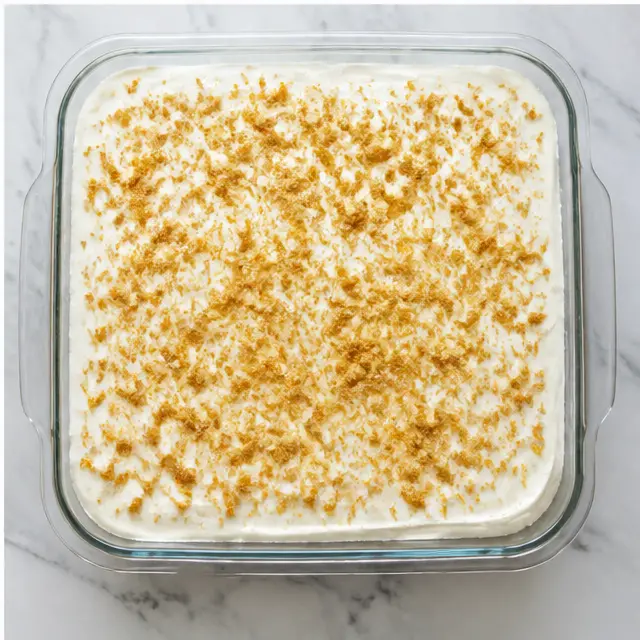 Step 4: Spreading the final cream layer and sprinkling graham crumbs on top