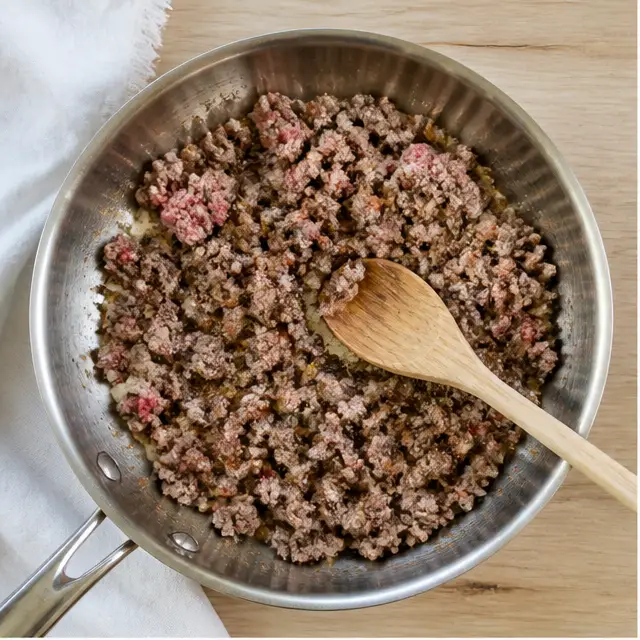 Browning ground beef crumbles in a skillet until golden