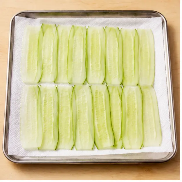 Step 1: Salt cucumber slices and let drain 20 minutes