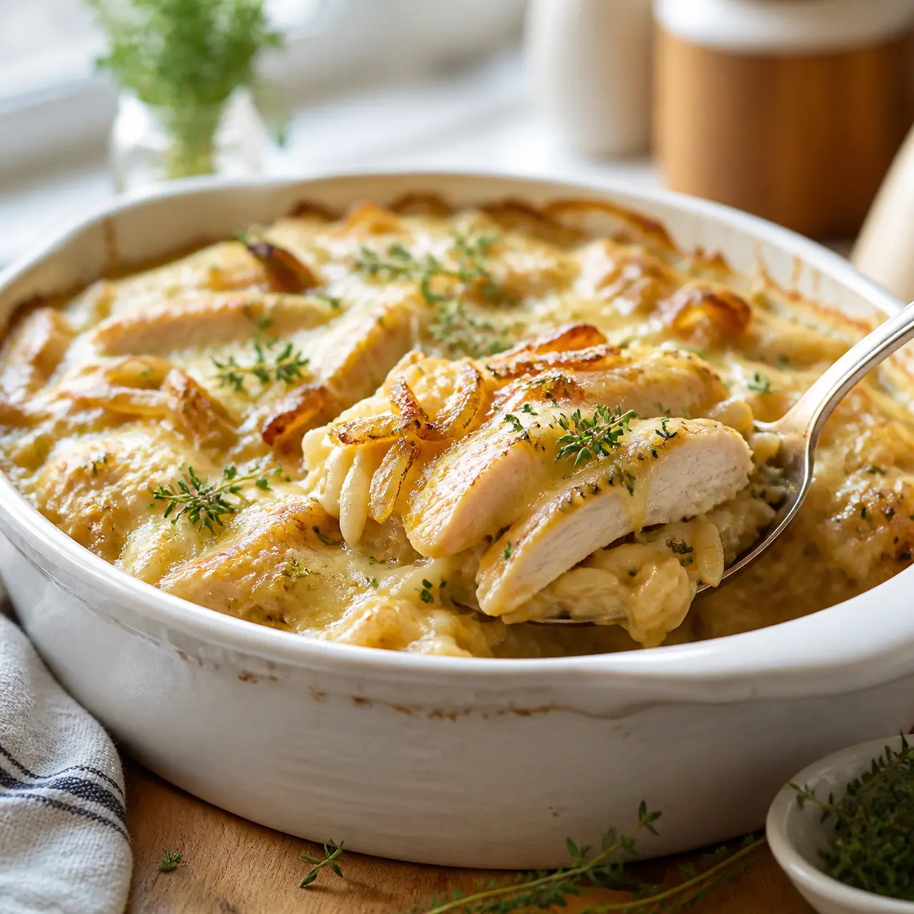french onion chicken orzo casserole - final presentation