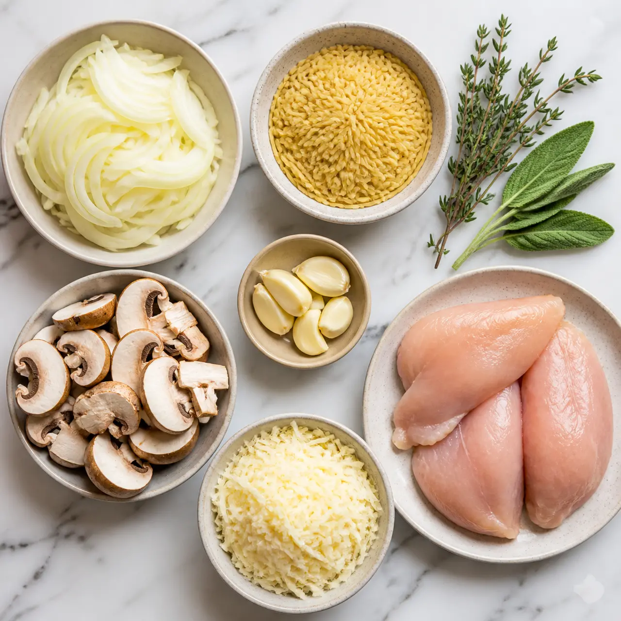 french onion chicken orzo casserole - main ingredients
