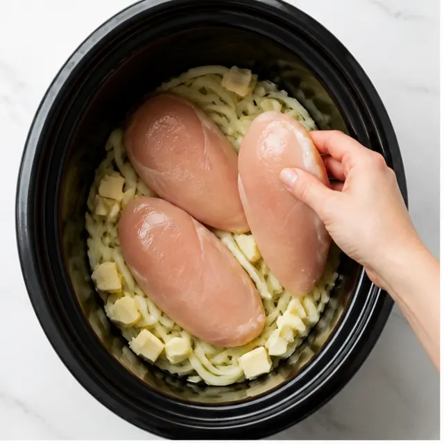 Step 1: Layering the onions and chicken to build flavor.