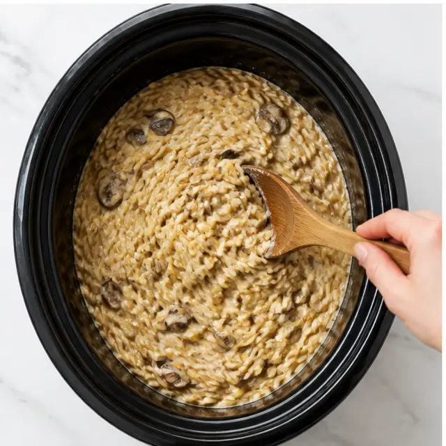Step 3: Folding in the orzo until it is coated.