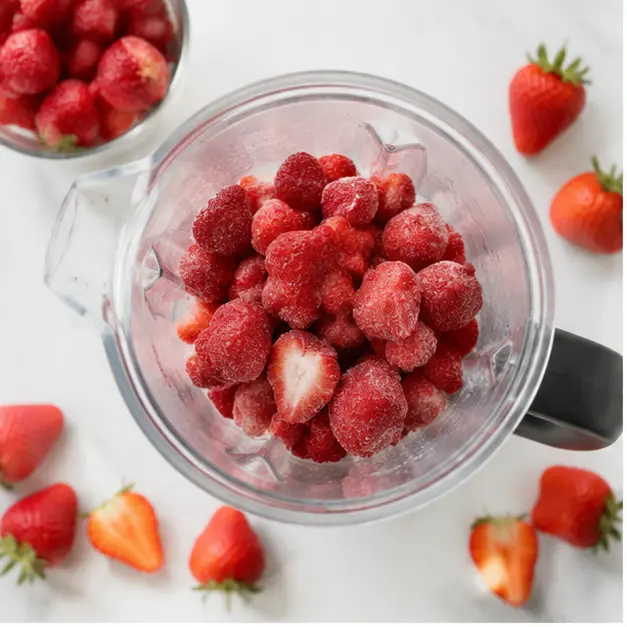 Step 1: Add 1.5 to 2 cups of frozen strawberries to the blender