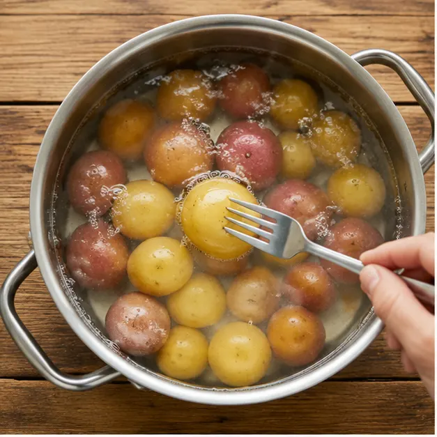 Boil small potatoes in salted water until fork-tender