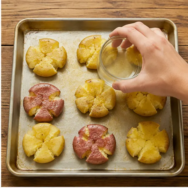 Smash hot potatoes flat on an oiled sheet pan