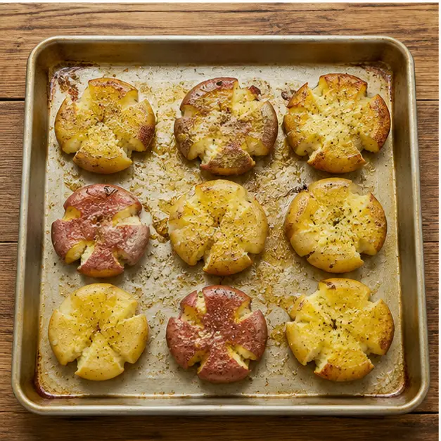Season smashed potatoes with oil, butter, salt, garlic and pepper