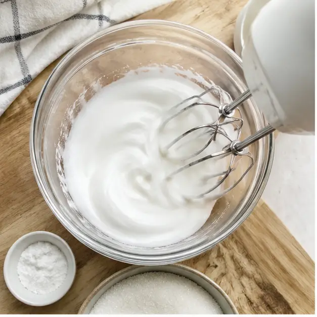 Whipping egg whites with cream of tartar to soft peaks