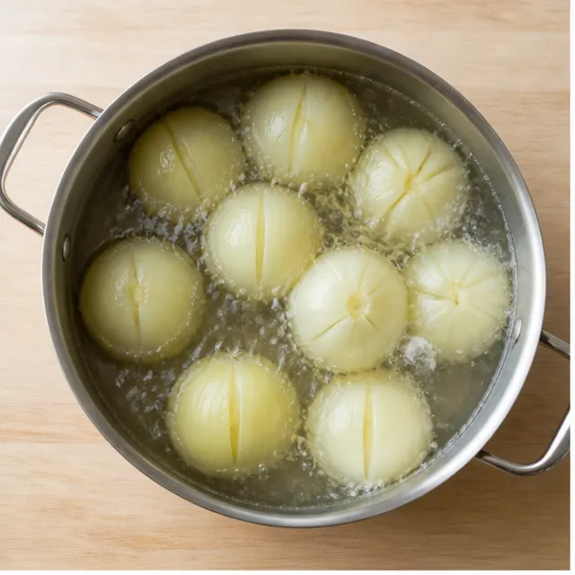 Step 1: parboiling whole yellow onions in salted water until soft and pliable