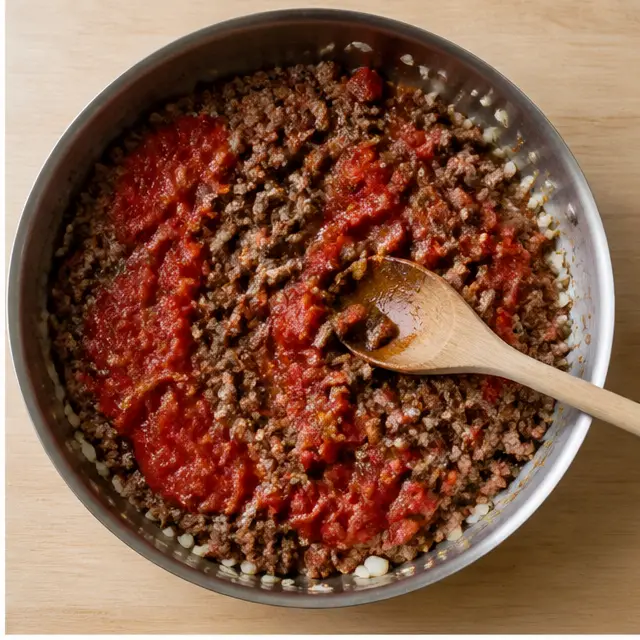 Step 2: browning ground chuck with garlic and tomatoes in a large skillet