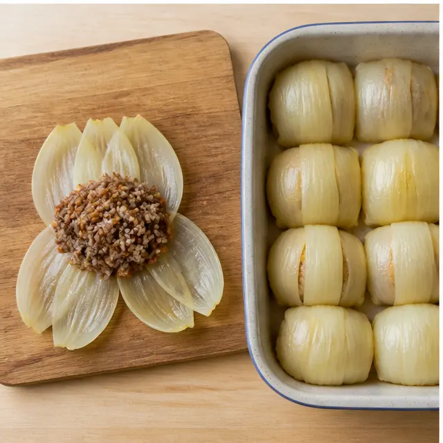 Step 3: wrapping onion layers around the filling and arranging seam-side down