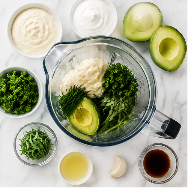 green goddess dressing - step 1 adding all ingredients to the blender