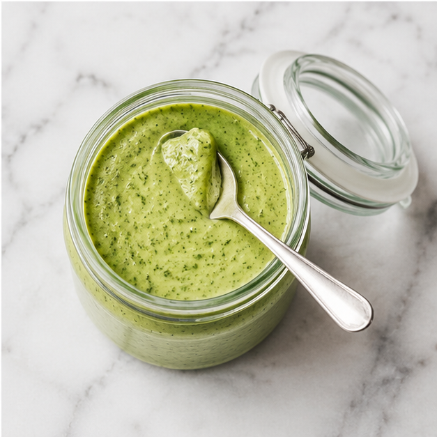 green goddess dressing - step 4 pouring into a jar for storage