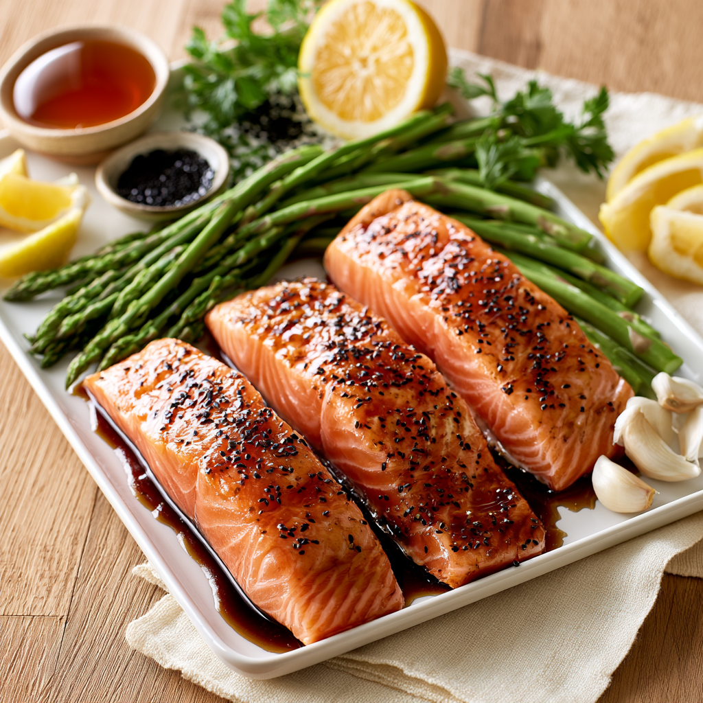 honey garlic salmon with asparagus - main ingredients