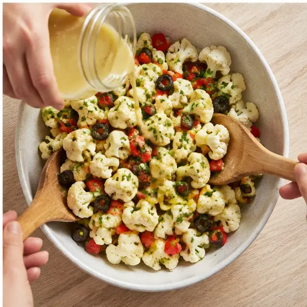Step 4: Pouring the dressing over the salad and tossing