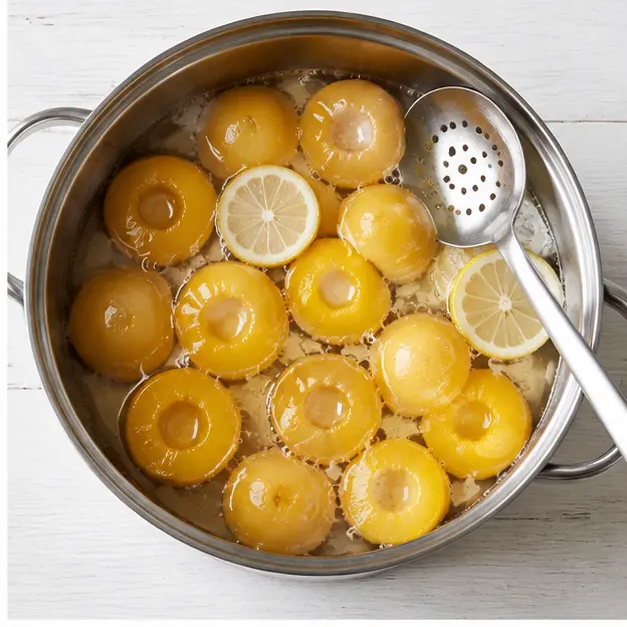 Poaching peach halves in lemon sugar syrup until the skins pucker