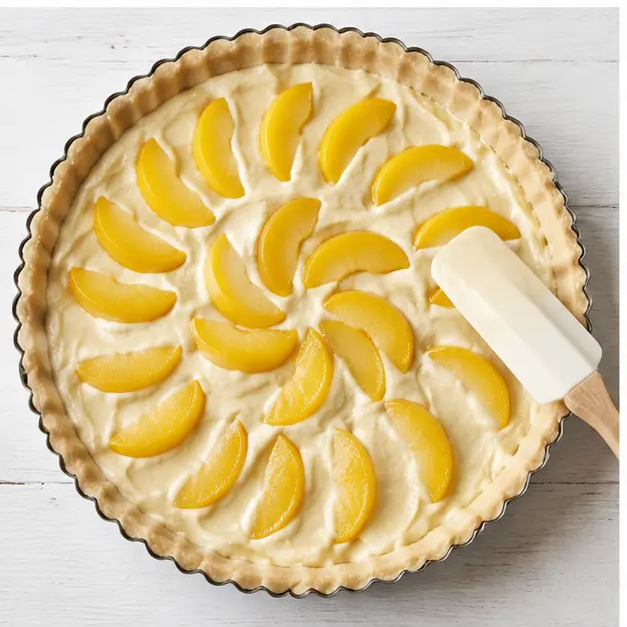 Spreading almond cream over the chilled crust and arranging peach slices