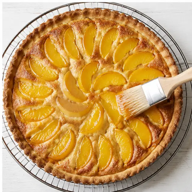 Brushing peach glaze over the fully baked and cooled tart