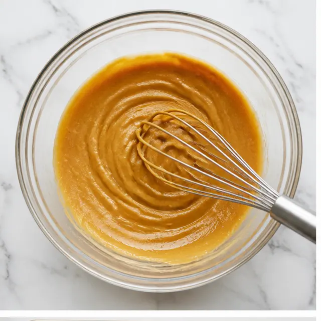 Whisking creamy peanut butter, egg, and maple syrup until smooth