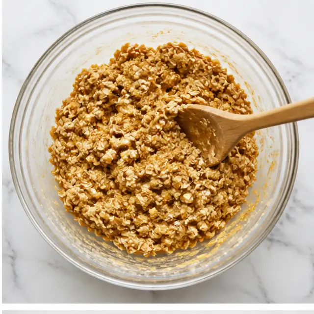 Stirring rolled oats into the sticky peanut butter mixture